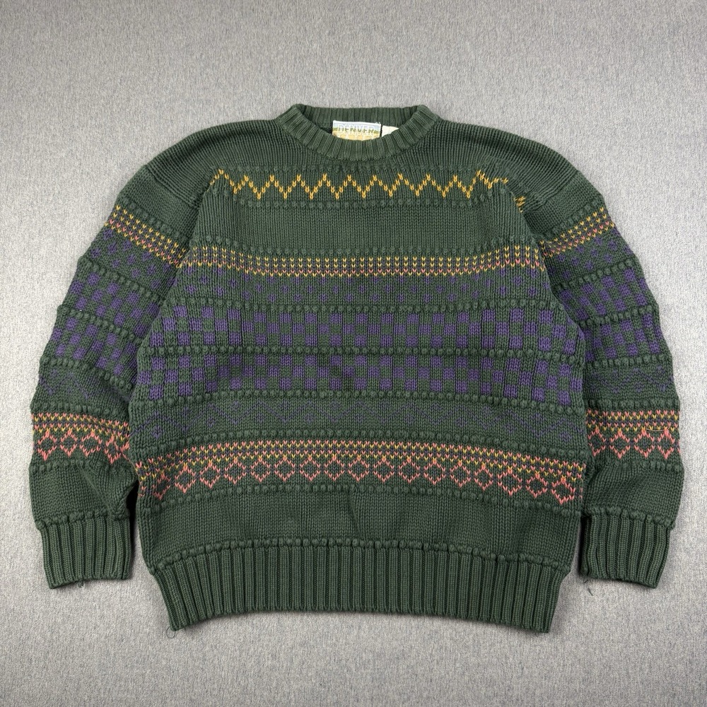 Vintage 90s Denver Hayes Green Cotton Crewneck Knit Sweater Size XL Fall Festive